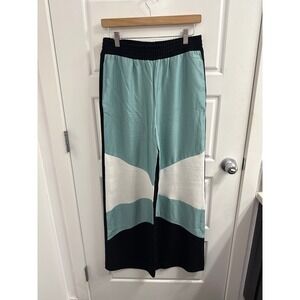 Maje Colorblock Wide Leg Pants Teal White Black Elastic Waist Womens Size 2 Med